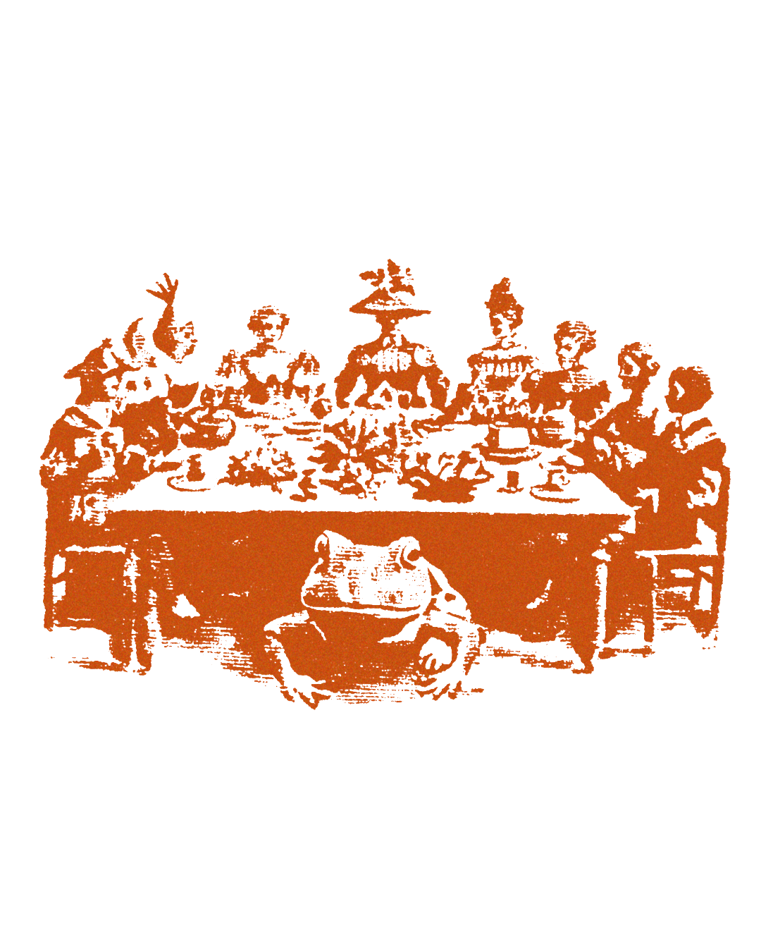 A paper cut of a group of people dining at a table, behind a large frog.