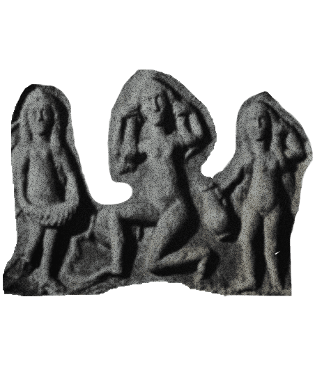 A stone sculpture of three people.