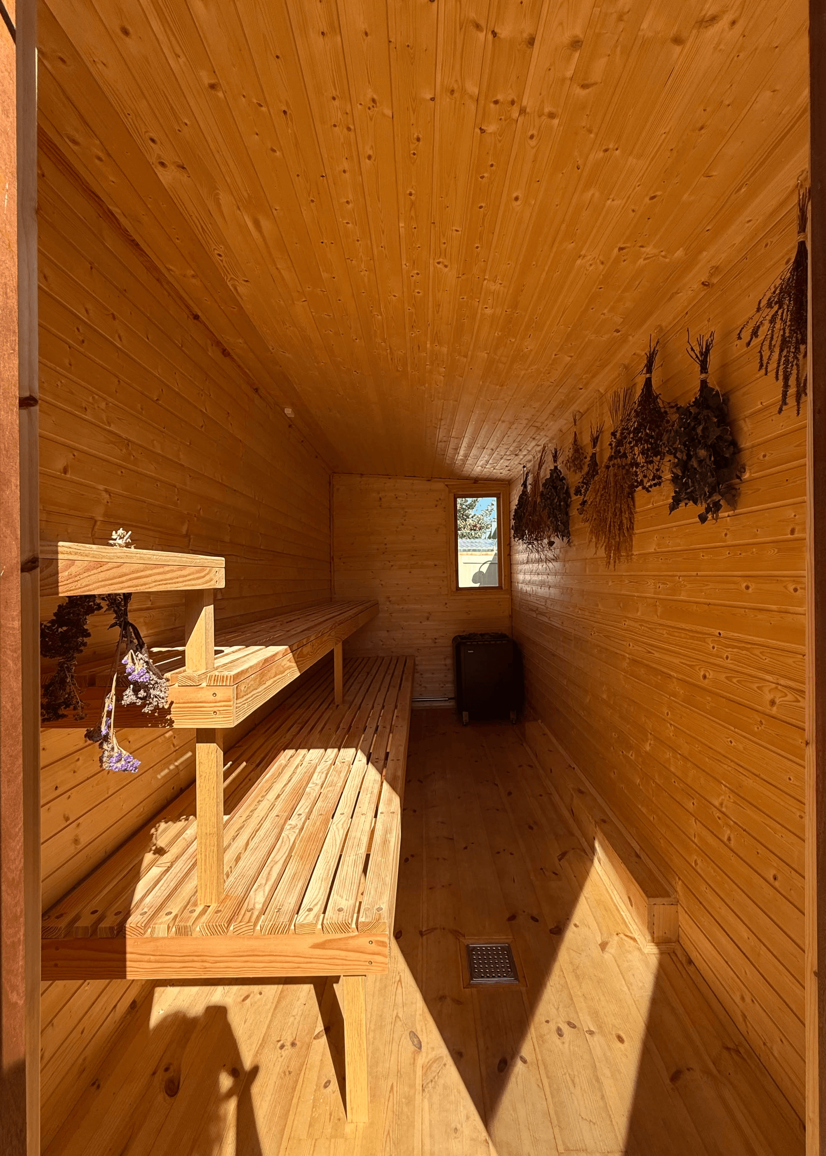 Inside our wooden sauna.